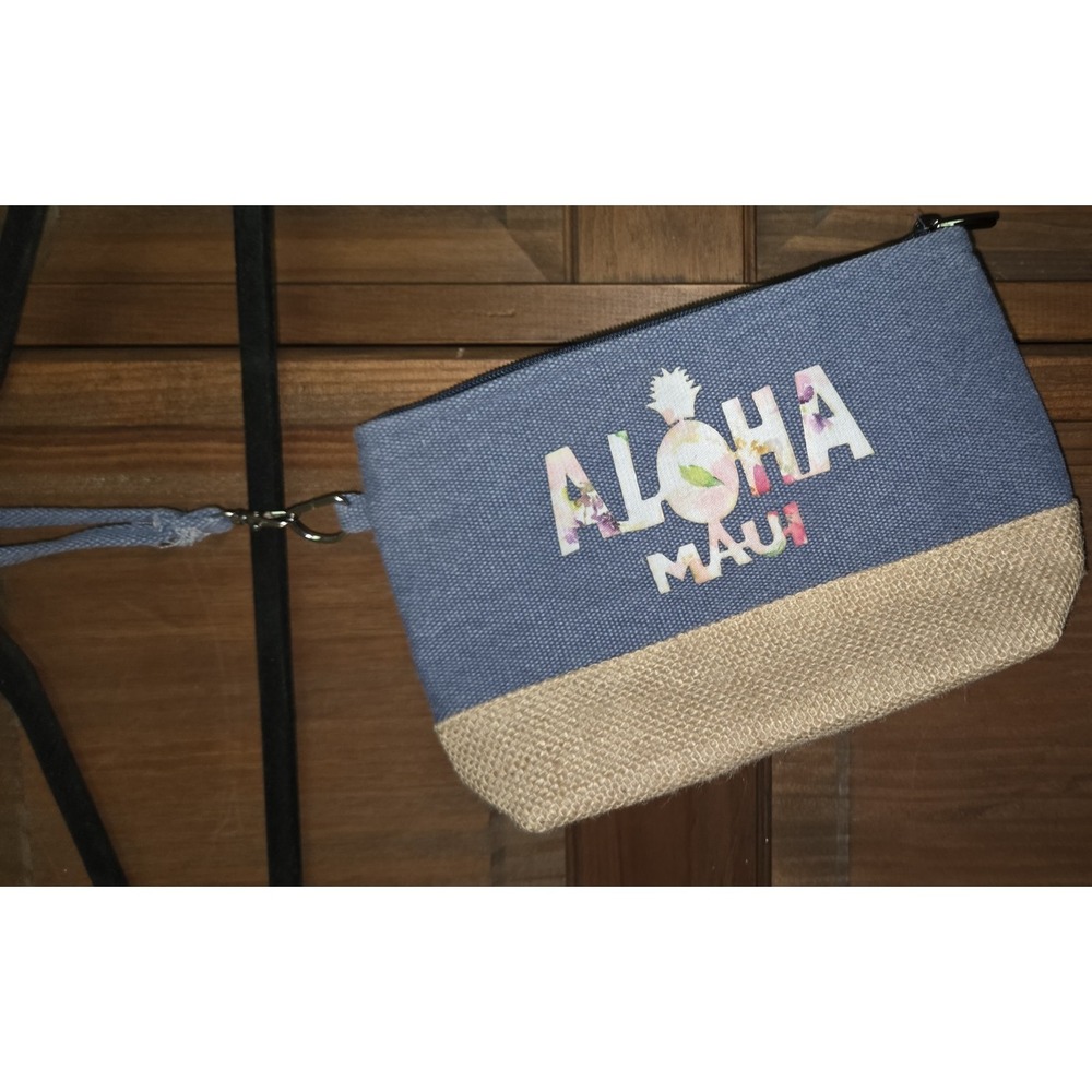 Aloha Maui Hawaii Denim Canvas Zippered Wallet Coin Wristlet Purse EUC